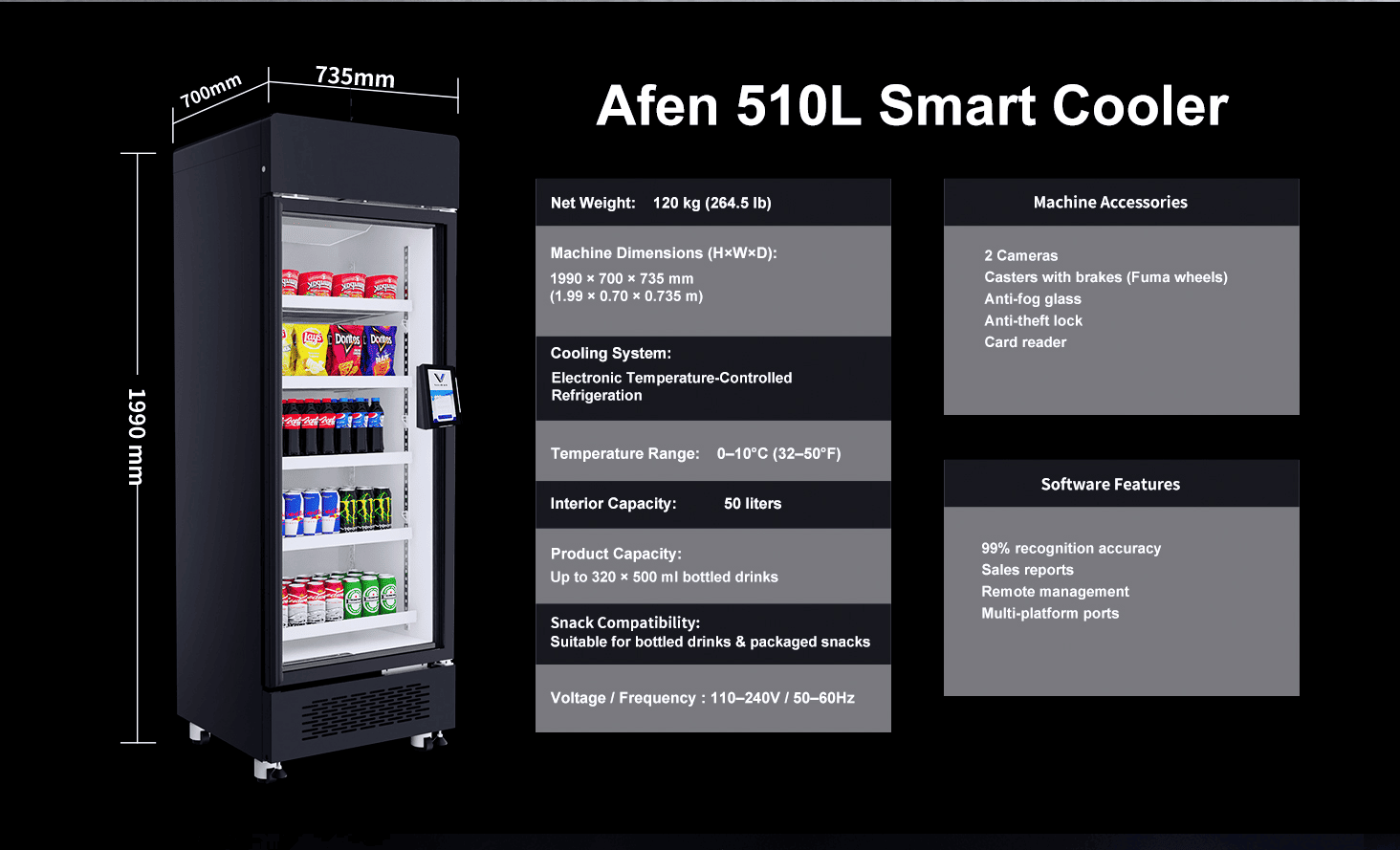 Automat sprzedający AFEN Smart Cooler AI o wymiarach i pojemności 510 l Wysoka gęstość pamięci masowej automatu vendingowego AFEN AI maksymalizuje zwrot z inwestycji w handel detaliczny przy zachowaniu kompaktowej konstrukcji