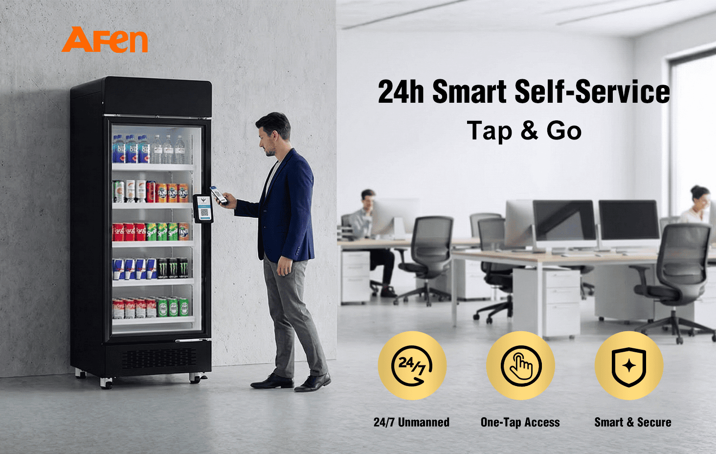 AFEN Smart Cooler 510L Hero Scene Inteligentna chłodziarka AFEN 510 zapewnia wszechstronne, całodobowe, bezobsługowe rozwiązania dla biur i siłowni