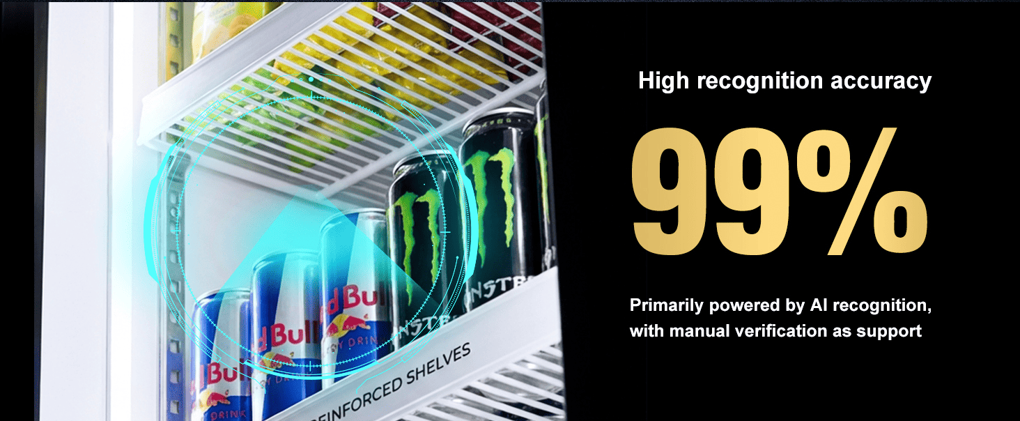 Automat vendingowy AFEN Smart Cooler AI Dokładność rozpoznawania AI Dokładność rozpoznawania na poziomie 99% dzięki podwójnemu aparatowi z funkcją sztucznej inteligencji, umożliwiającej szybkie i precyzyjne rozliczanie oraz zapobieganie stratom
